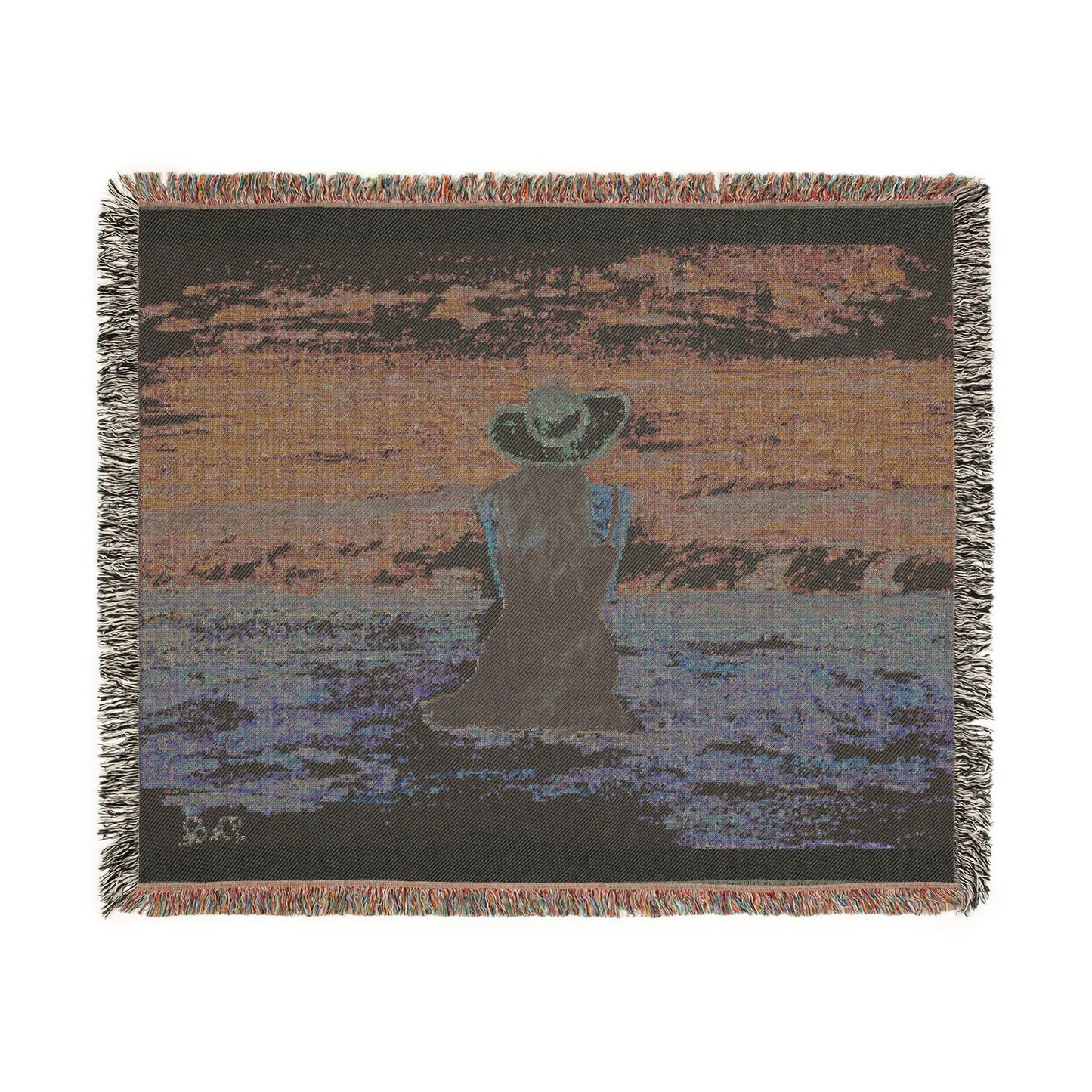 Beachside Woman Woven Blanket — Serene Seaside Throw with Pink Hat Design by Dr. Q