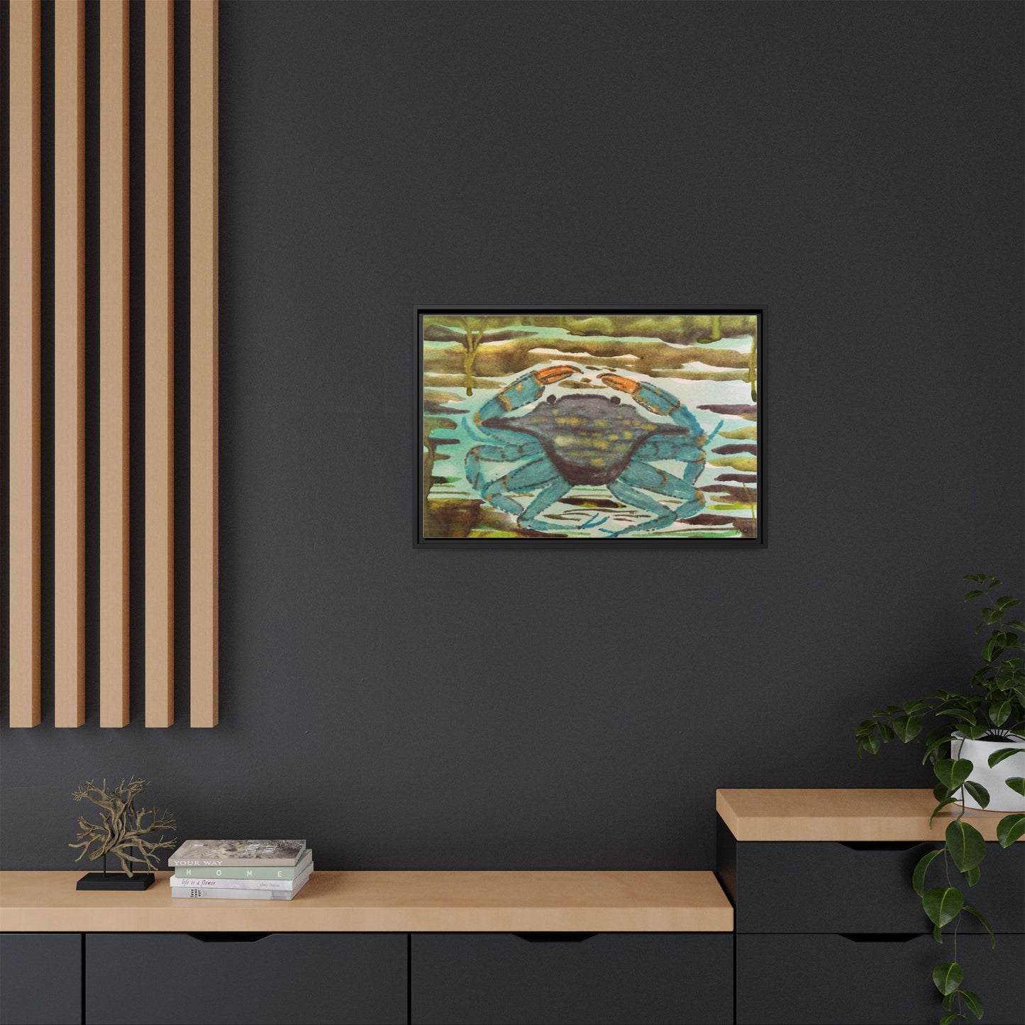 Blue Crab Coastal Art Print — Matte Framed Canvas