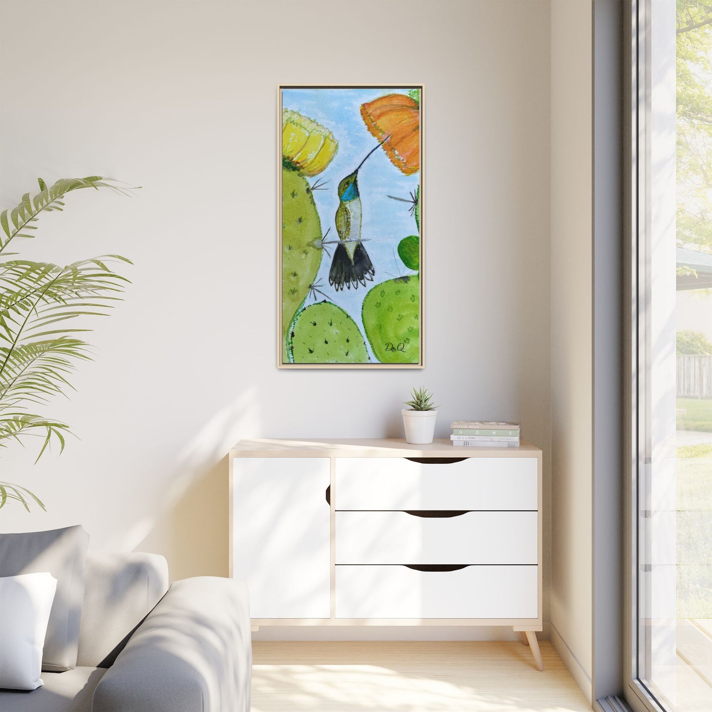 Framed Hummingbird Cactus Watercolor Print on Canvas by Dr. Q — Floral Desert Wall Art