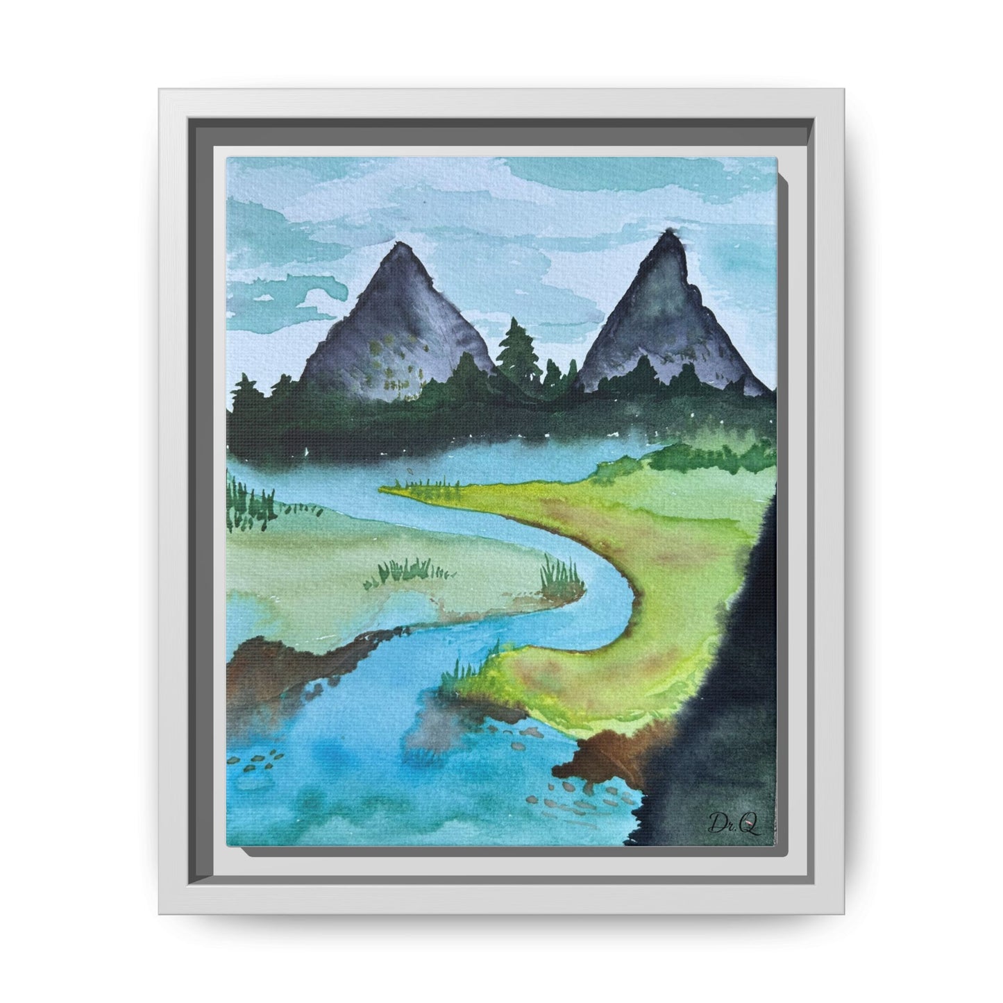 Mountain River Framed Canvas Watercolor Print by Dr. Q