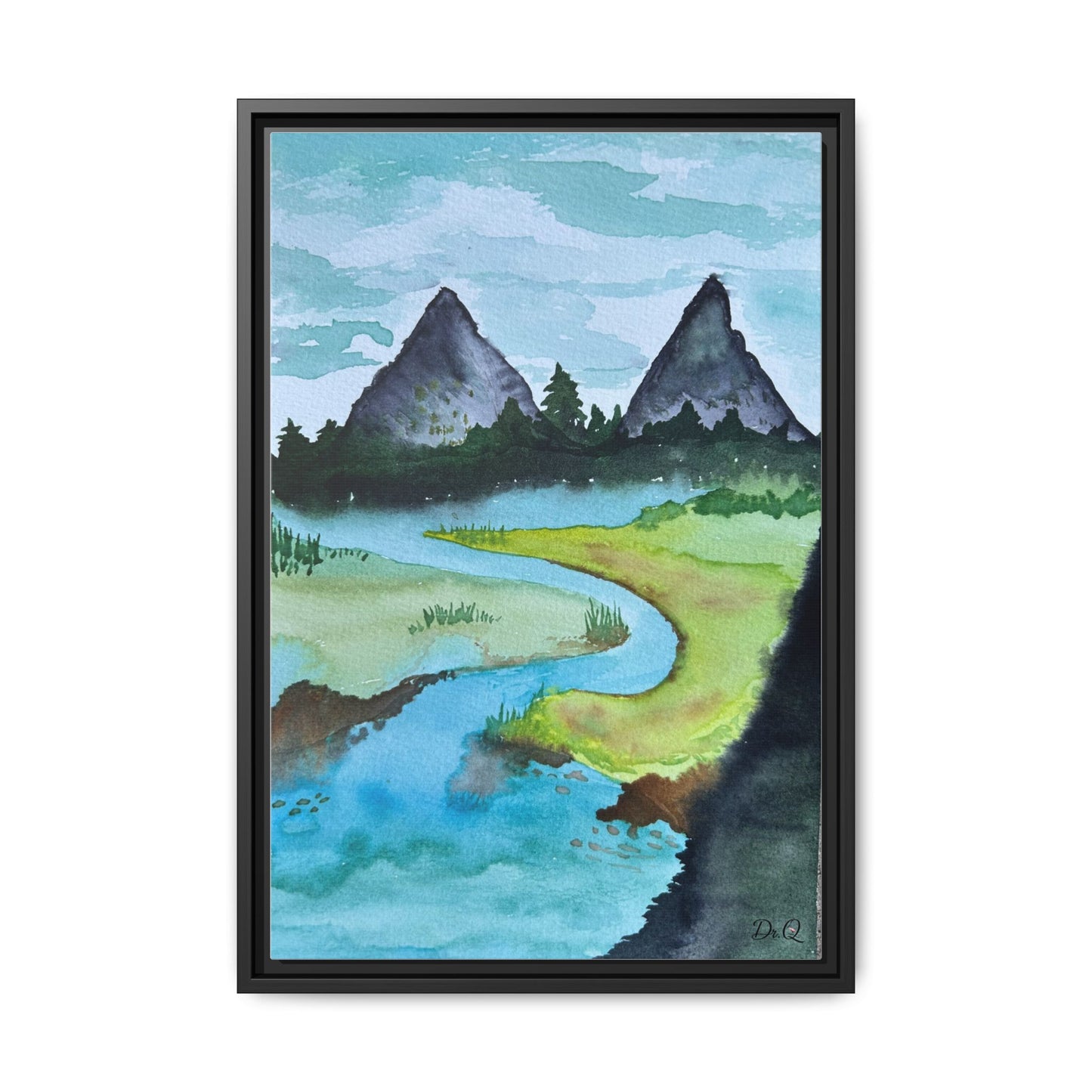 Mountain River Framed Canvas Watercolor Print by Dr. Q