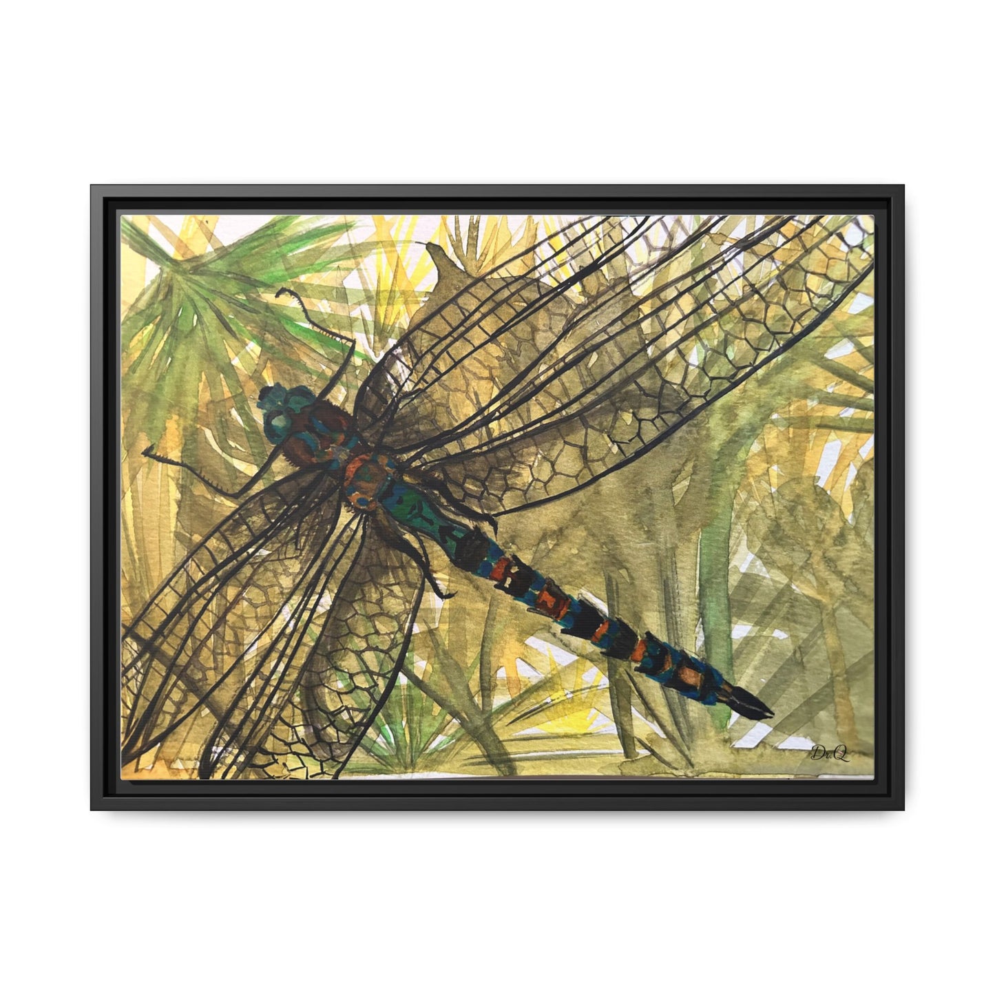 Dragonfly Framed Canvas Art — Botanical Watercolor Wall Decor