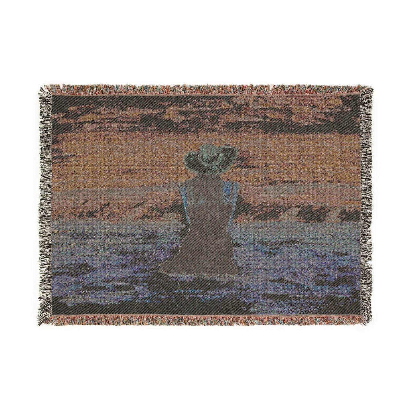Beachside Woman Woven Blanket — Serene Seaside Throw with Pink Hat Design by Dr. Q