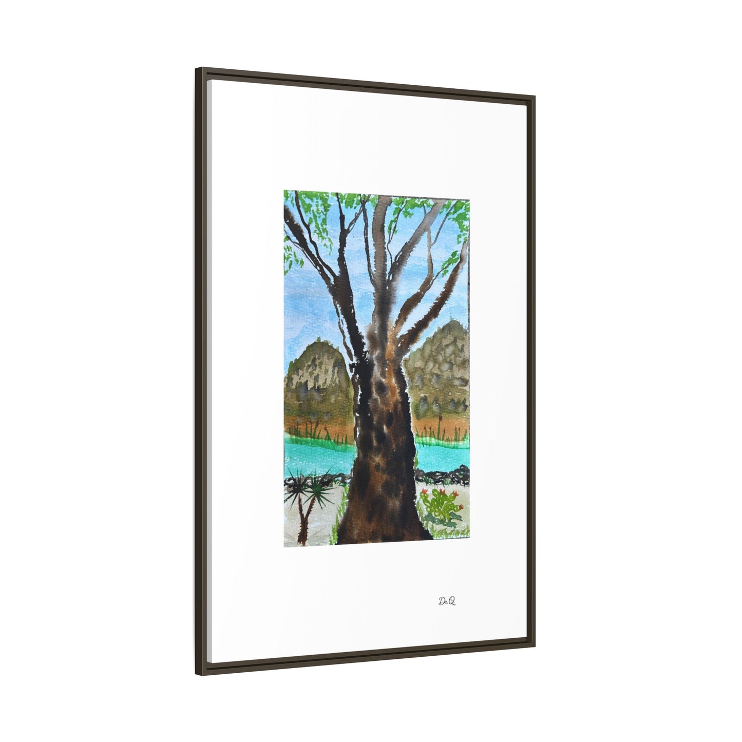 Tranquil Lakeside Tree Watercolor - Framed Matte Canvas Print by Dr. Q