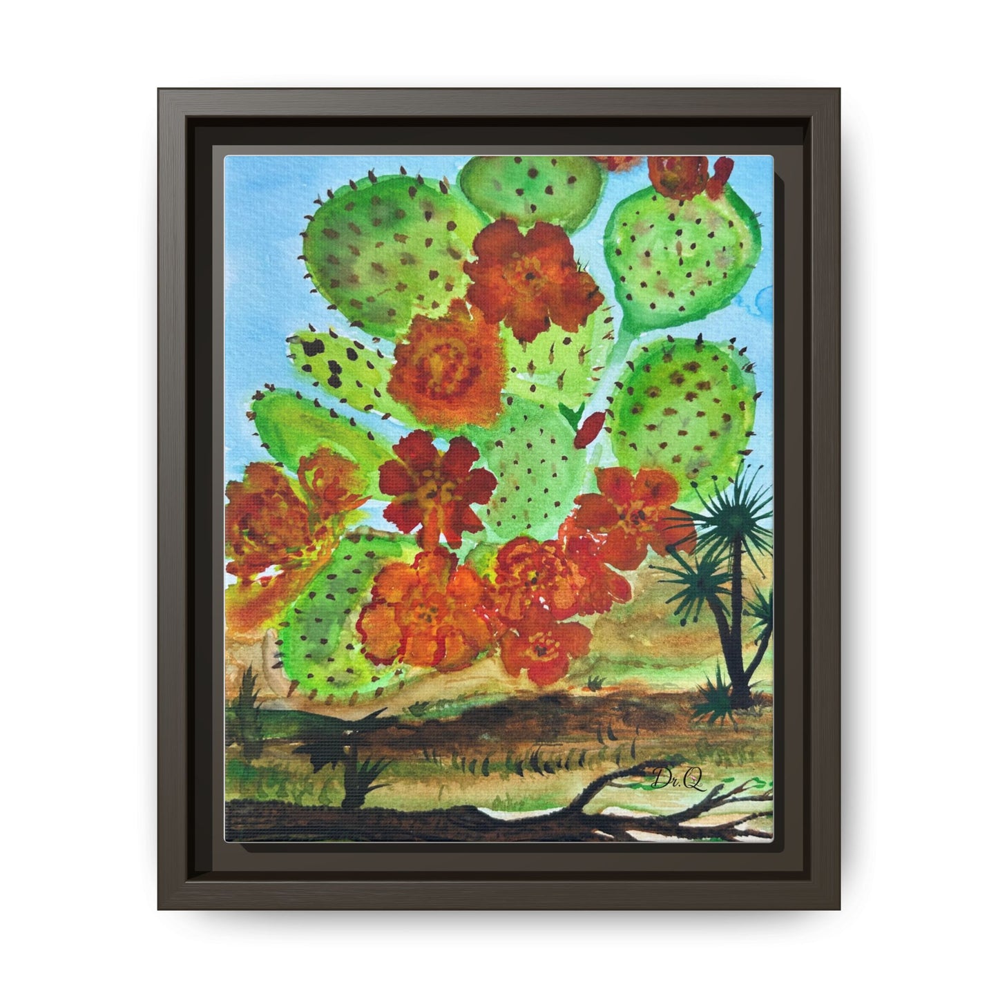 Prickly Pear Cactus Framed Canvas Print — Vertical Botanical Wall Art