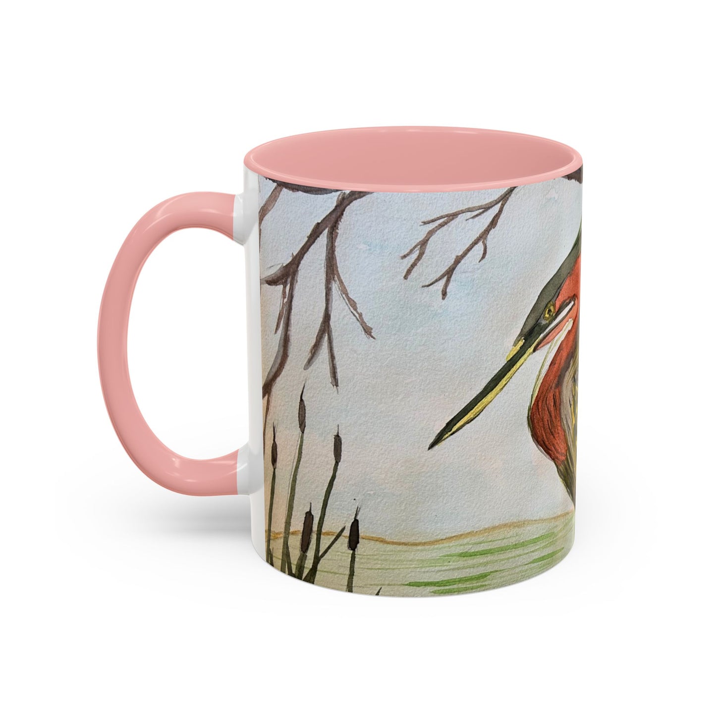 Green Heron Watercolor Accent Coffee Mug — Nature Bird Watercolor (11/15oz)