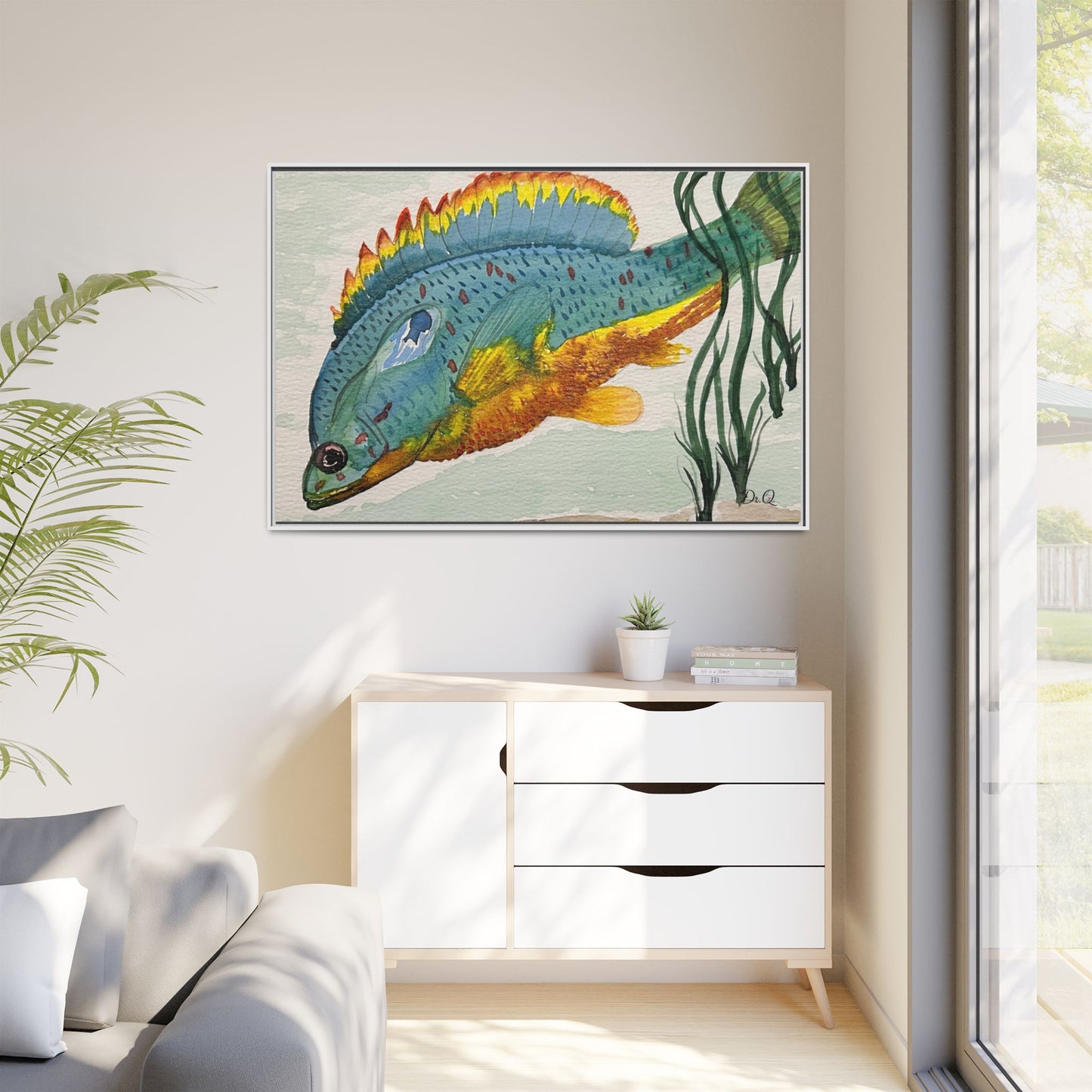 Texas Spotted Sunfish Watercolor Wall Art - Framed Matte Canvas