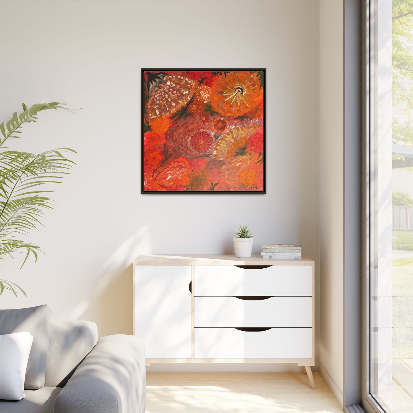"Floral Burst" Abstract Red Floral Matte Canvas Framed Wall Art