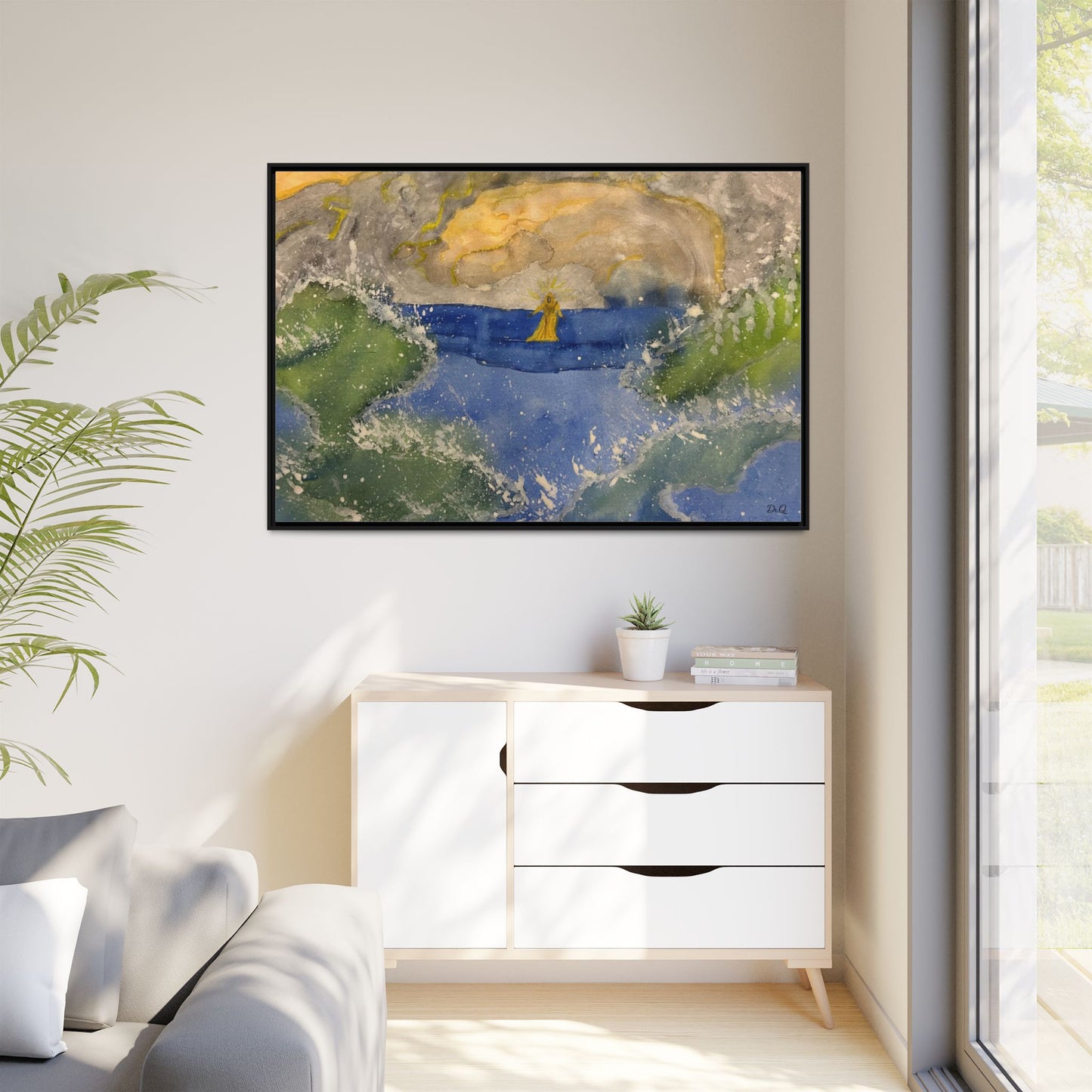 "Faith in the Storm" Framed Matte Canvas Seascape — Golden Sail at Sunset