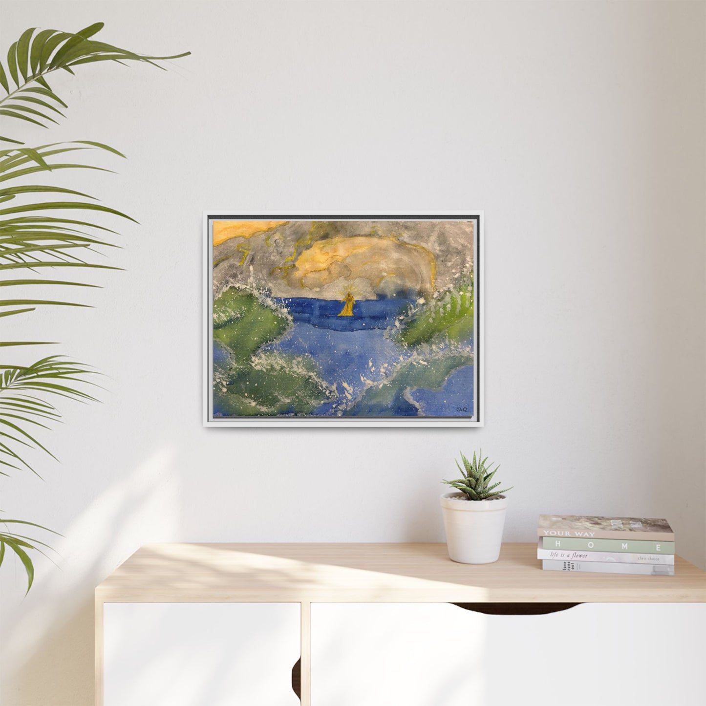 "Faith in the Storm" Framed Matte Canvas Seascape — Golden Sail at Sunset