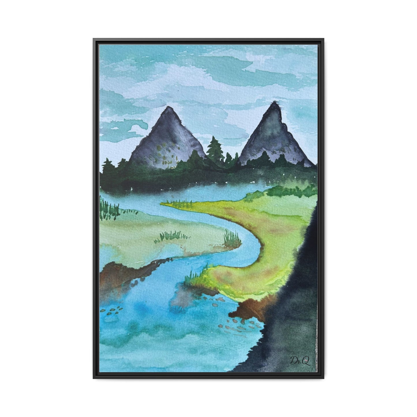 Mountain River Framed Canvas Watercolor Print by Dr. Q