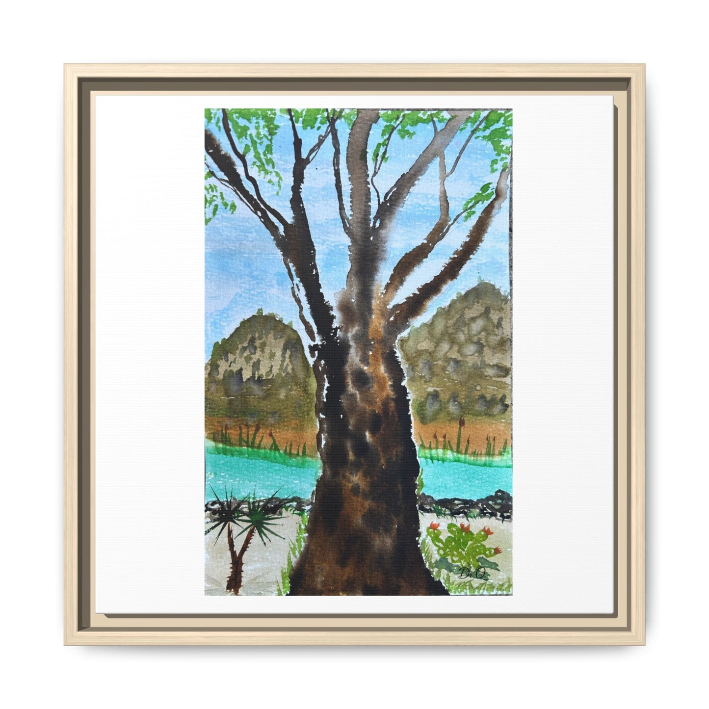 Tranquil Lakeside Tree Watercolor - Framed Matte Canvas Print by Dr. Q