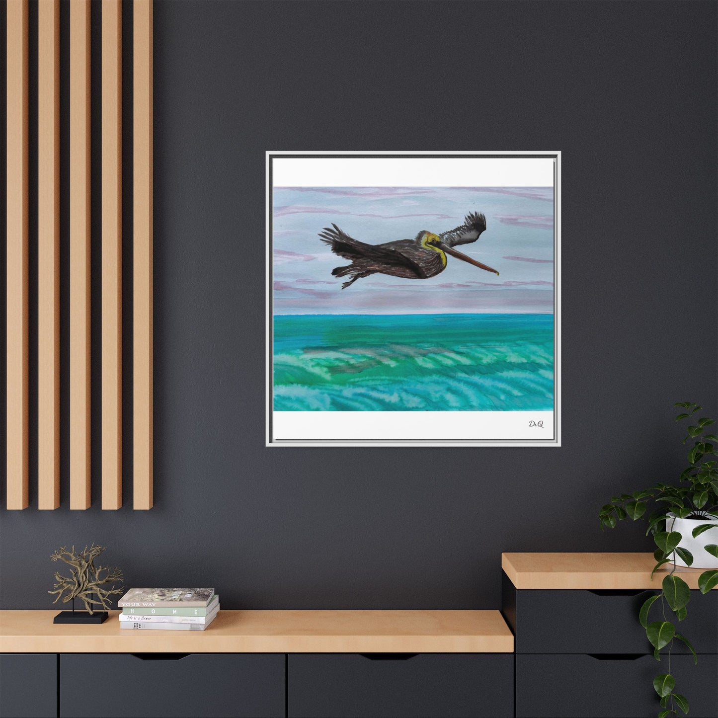 Brown Pelican Over Ocean Matte Framed Canvas Art