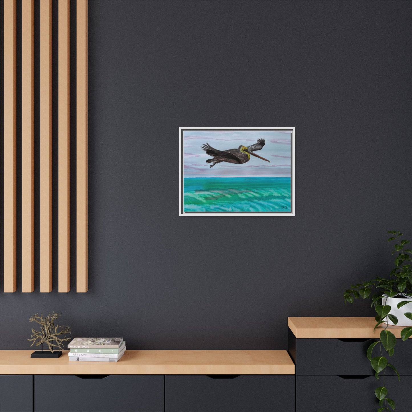 Brown Pelican Over Ocean Matte Framed Canvas Art