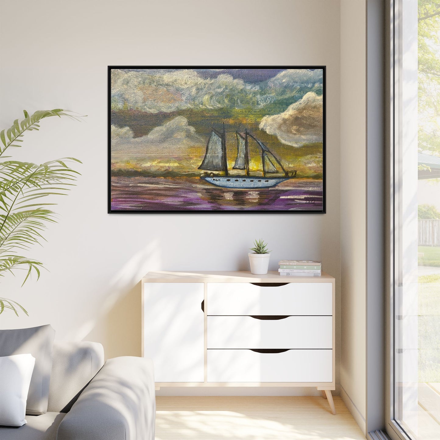 Framed Matte Canvas Sailboat Painting — Serene Seascape Wall Art