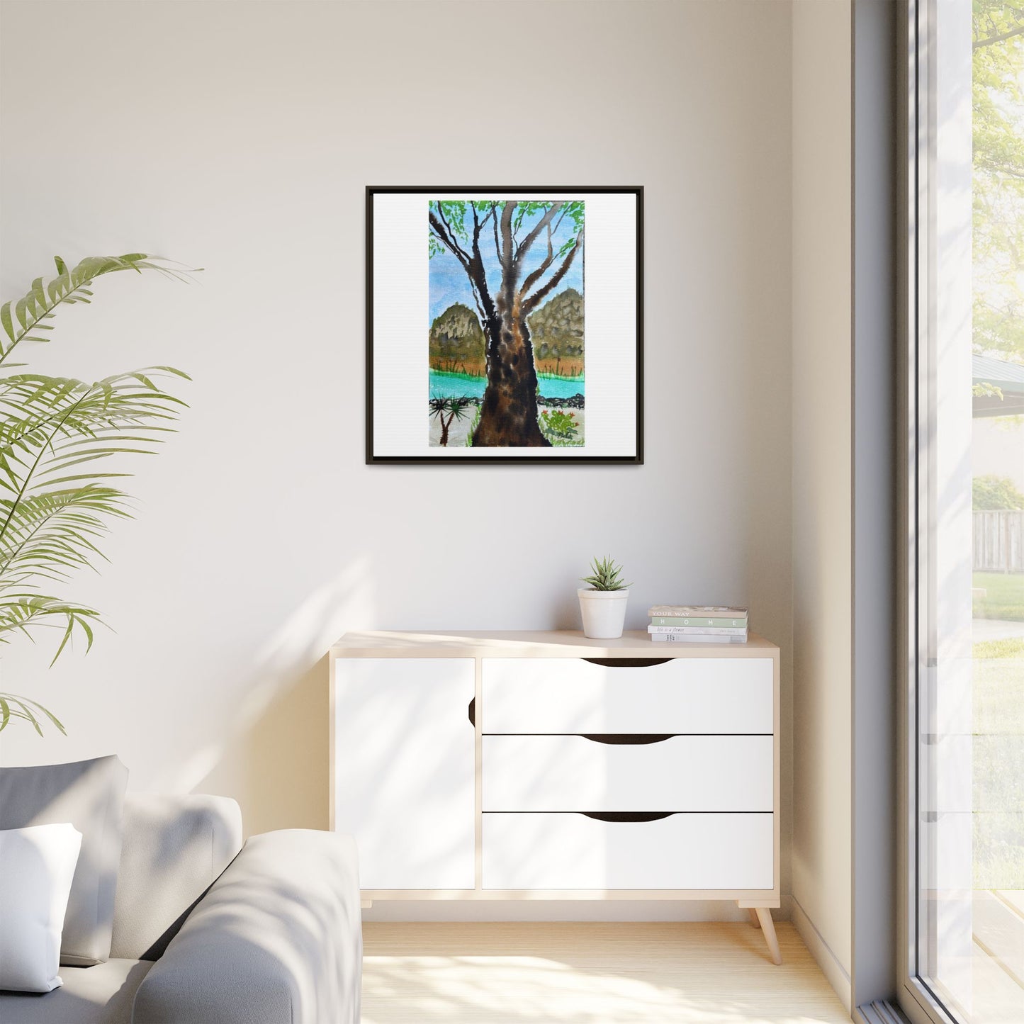 Tranquil Lakeside Tree Watercolor - Framed Matte Canvas Print by Dr. Q