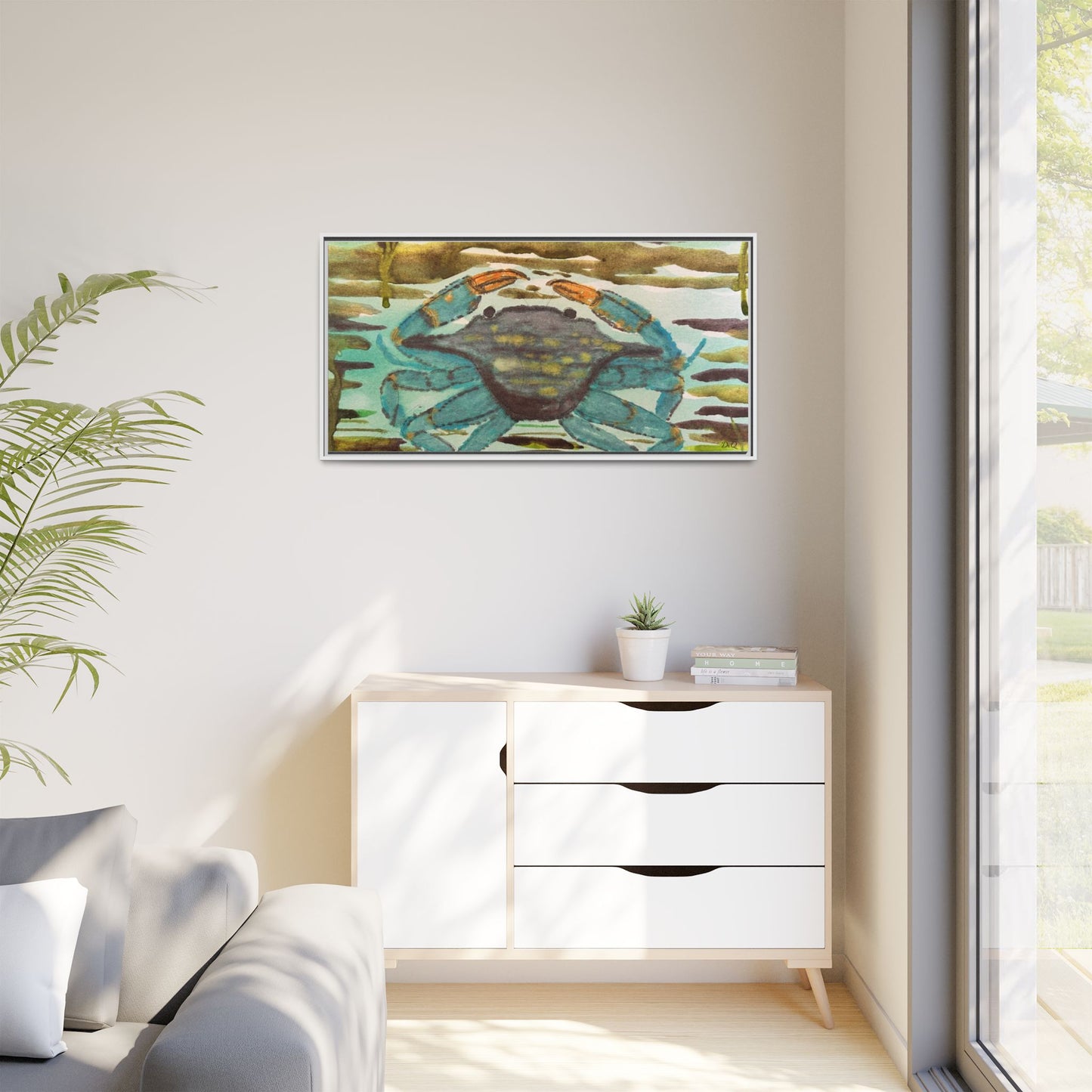 Blue Crab Coastal Art Print — Matte Framed Canvas