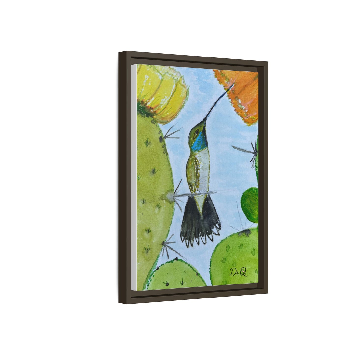 Framed Hummingbird Cactus Watercolor Print on Canvas by Dr. Q — Floral Desert Wall Art