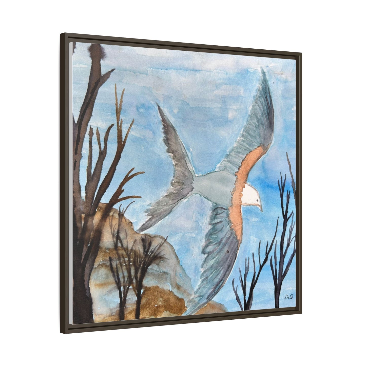 Framed Matte Canvas Wall Art — Soaring Seagull Coastal Print