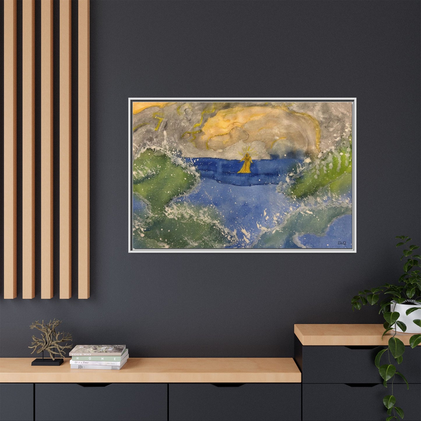 "Faith in the Storm" Framed Matte Canvas Seascape — Golden Sail at Sunset