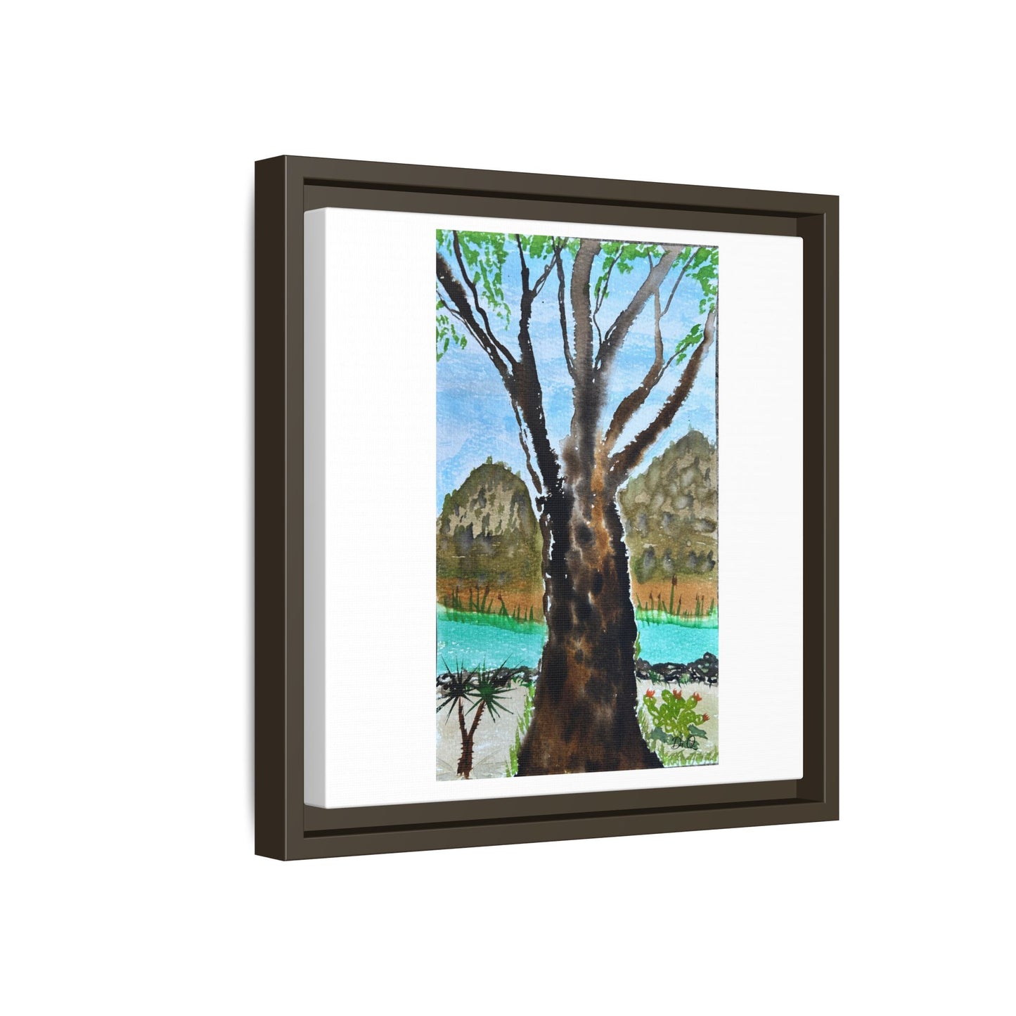 Tranquil Lakeside Tree Watercolor - Framed Matte Canvas Print by Dr. Q