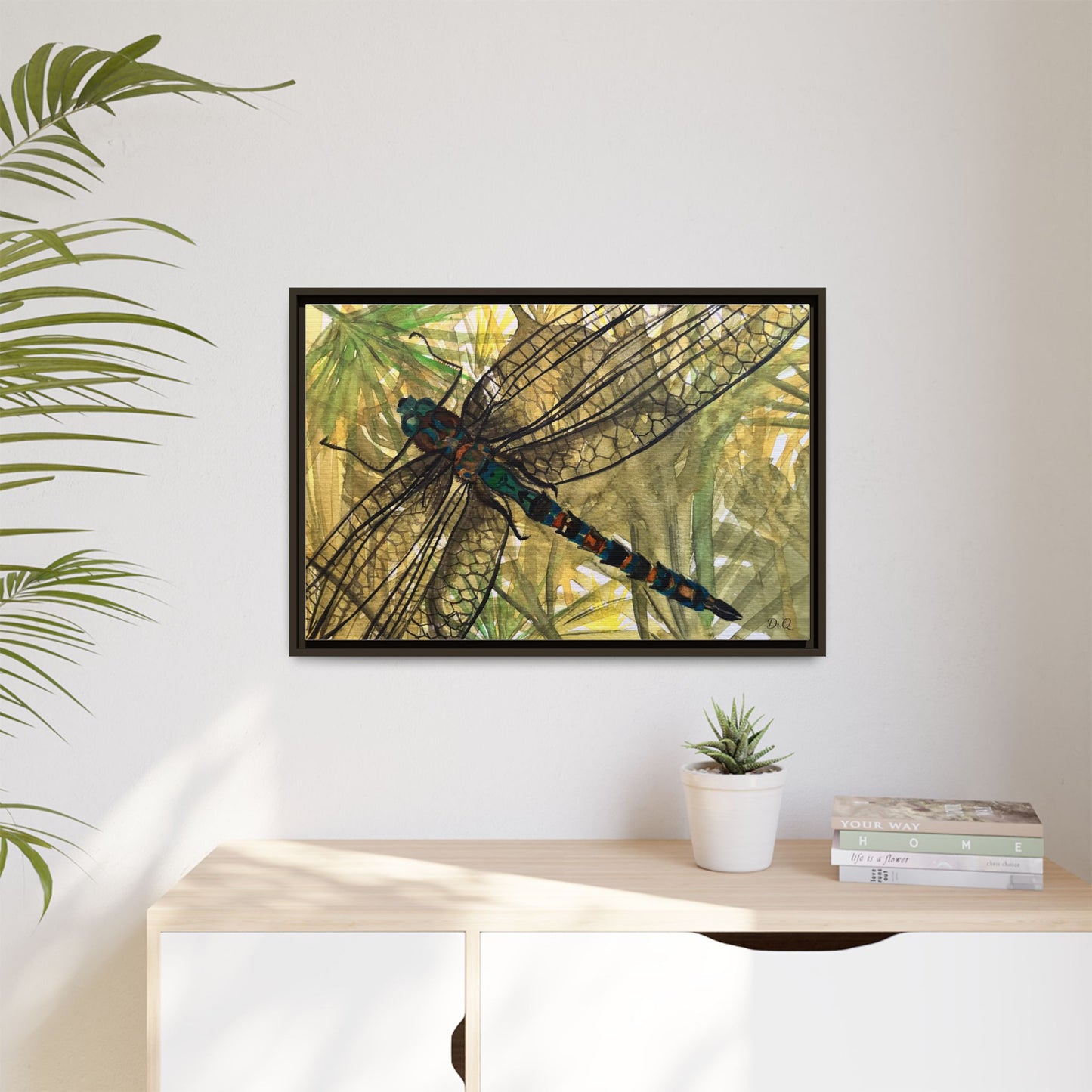 Dragonfly Framed Canvas Art — Botanical Watercolor Wall Decor