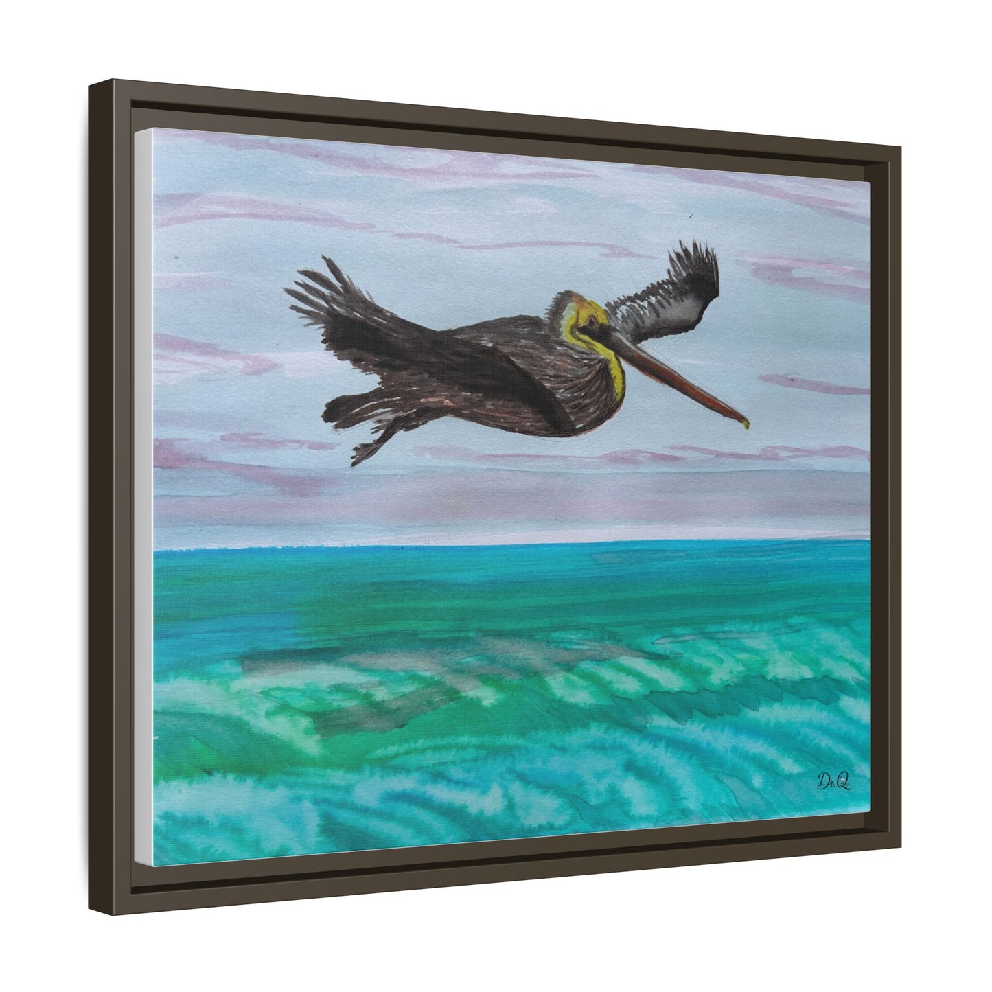 Brown Pelican Over Ocean Matte Framed Canvas Art