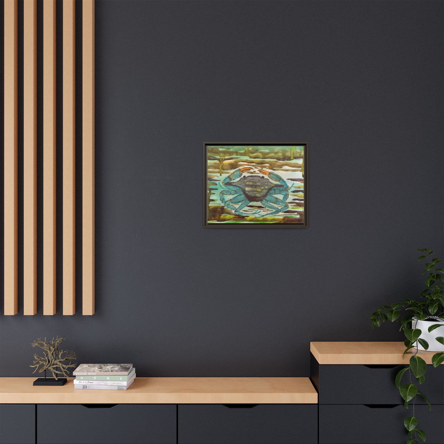 Blue Crab Coastal Art Print — Matte Framed Canvas