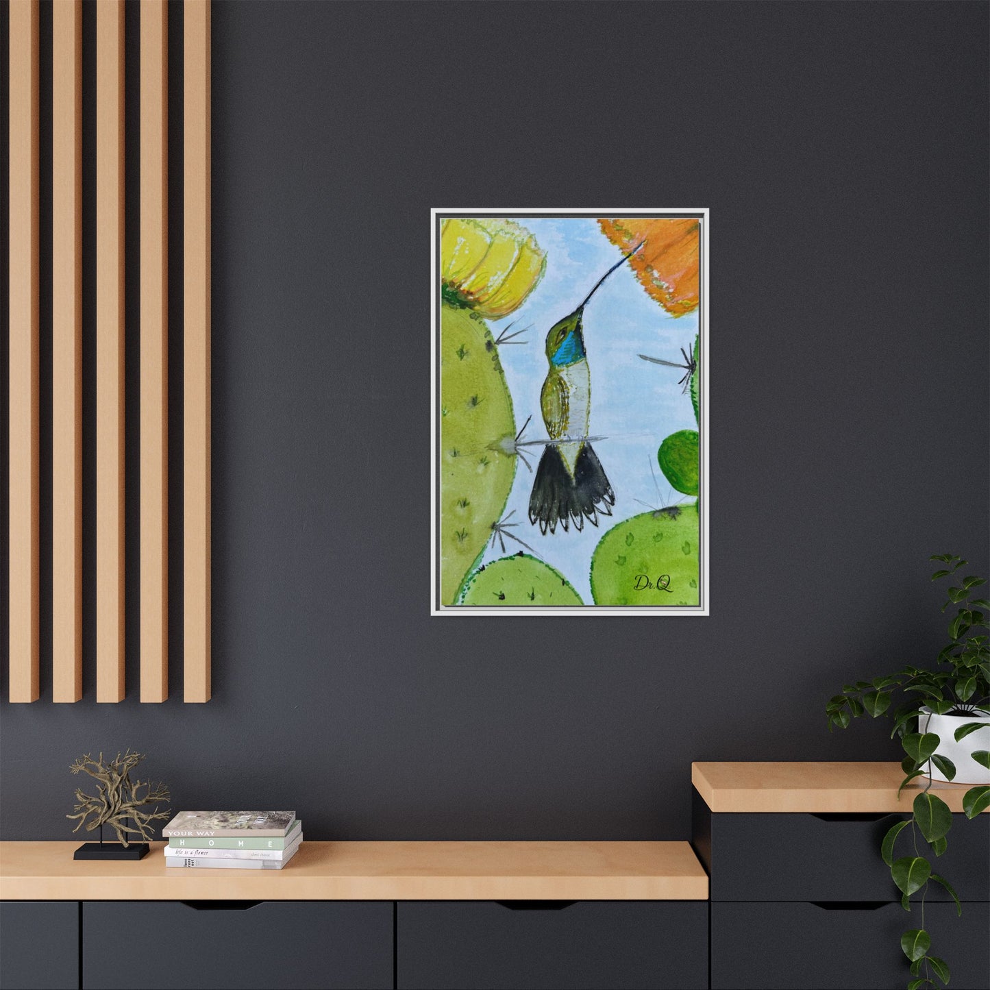 Framed Hummingbird Cactus Watercolor Print on Canvas by Dr. Q — Floral Desert Wall Art