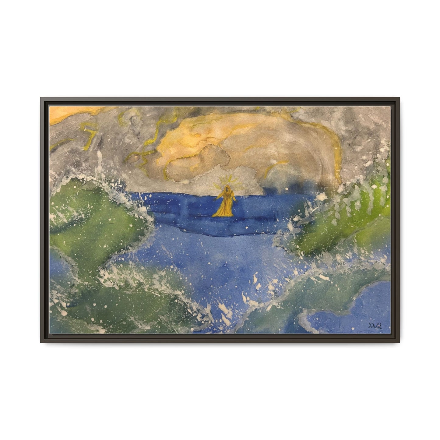 "Faith in the Storm" Framed Matte Canvas Seascape — Golden Sail at Sunset