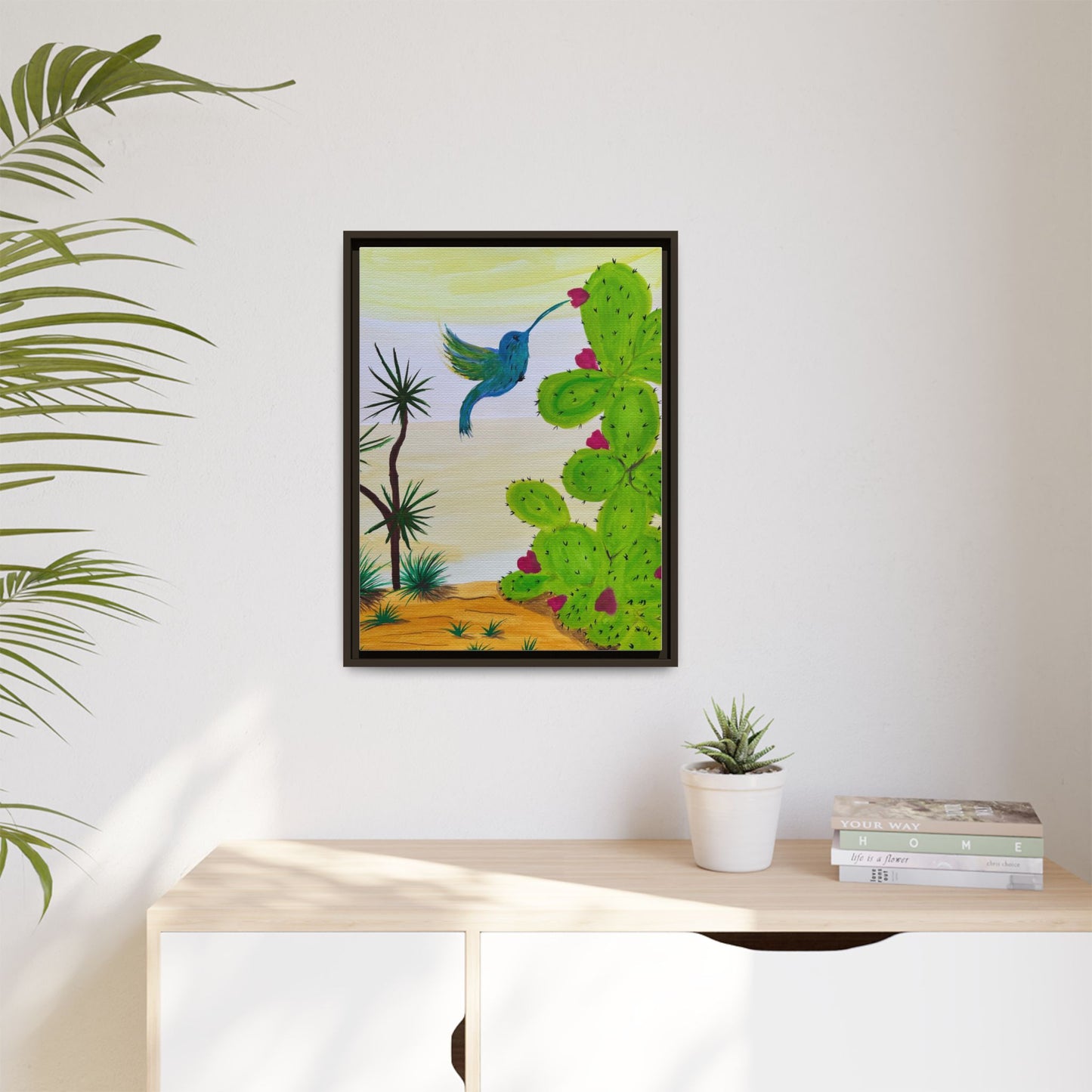 Tropical Cactus & Hummingbird Wall Art - Framed Matte Canvas