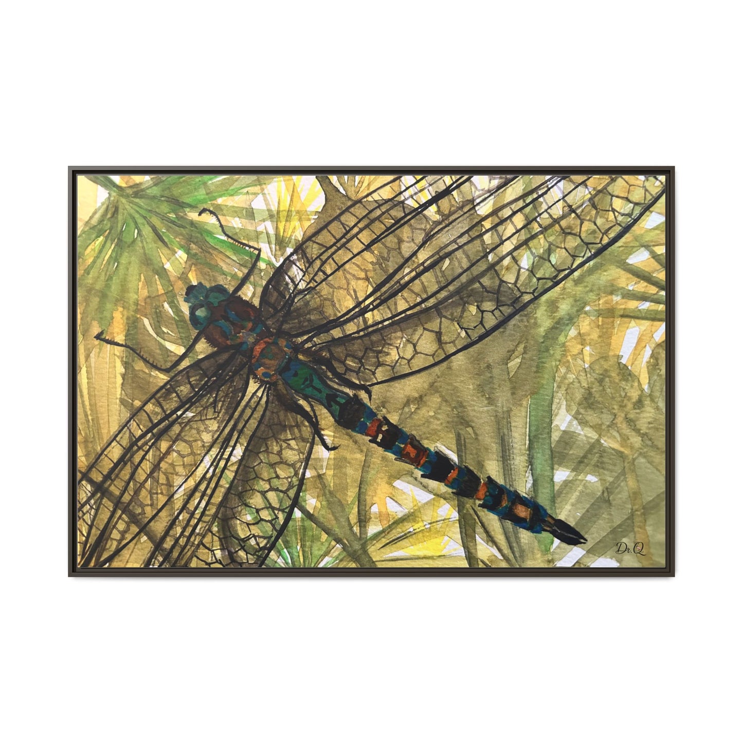 Dragonfly Framed Canvas Art — Botanical Watercolor Wall Decor