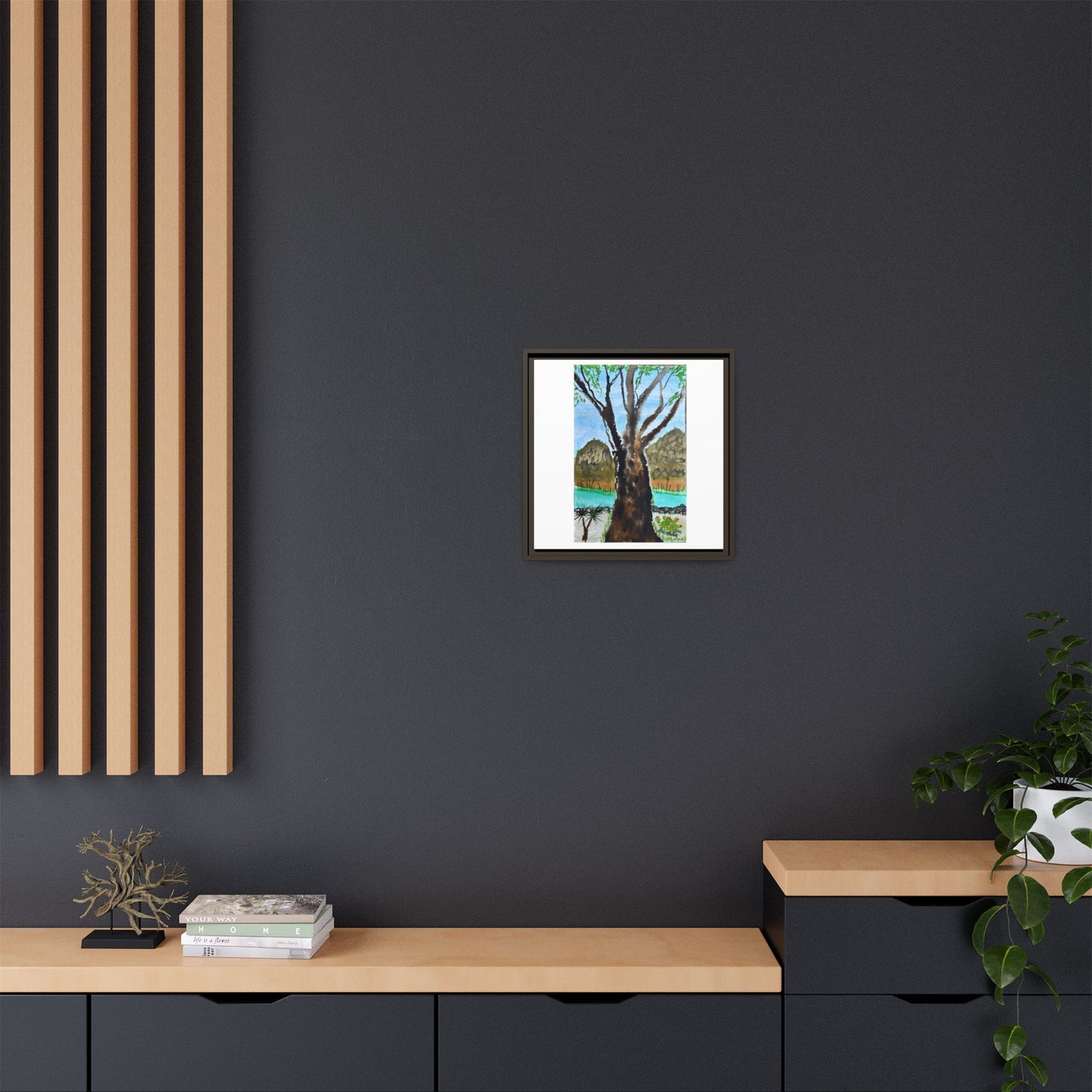 Tranquil Lakeside Tree Watercolor - Framed Matte Canvas Print by Dr. Q