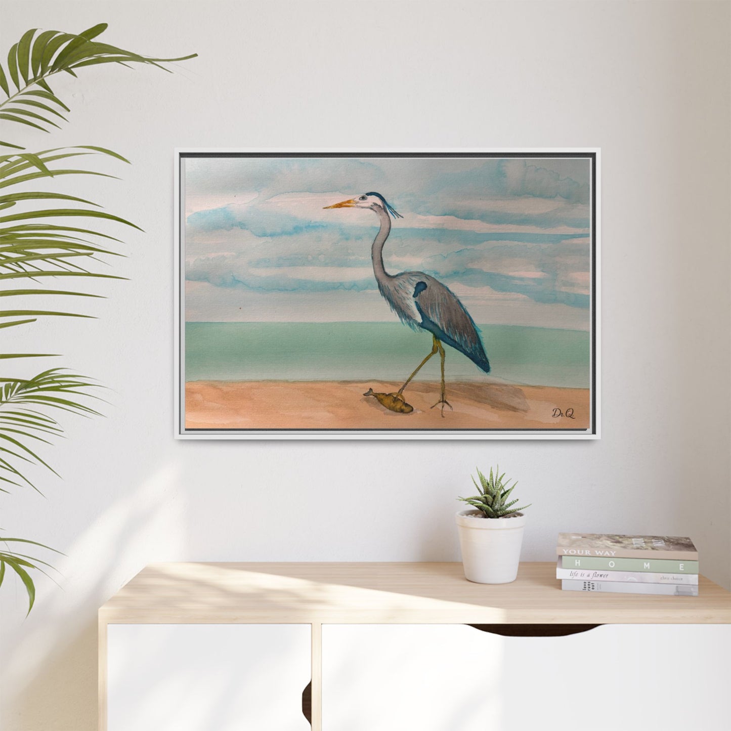 Framed Heron Beach Matte Canvas — Coastal Watercolor Wall Art