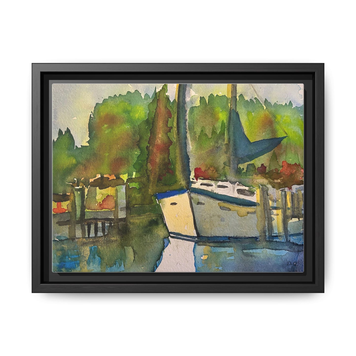 Sailboat Harbor Watercolor — Framed Matte Canvas Wall Art