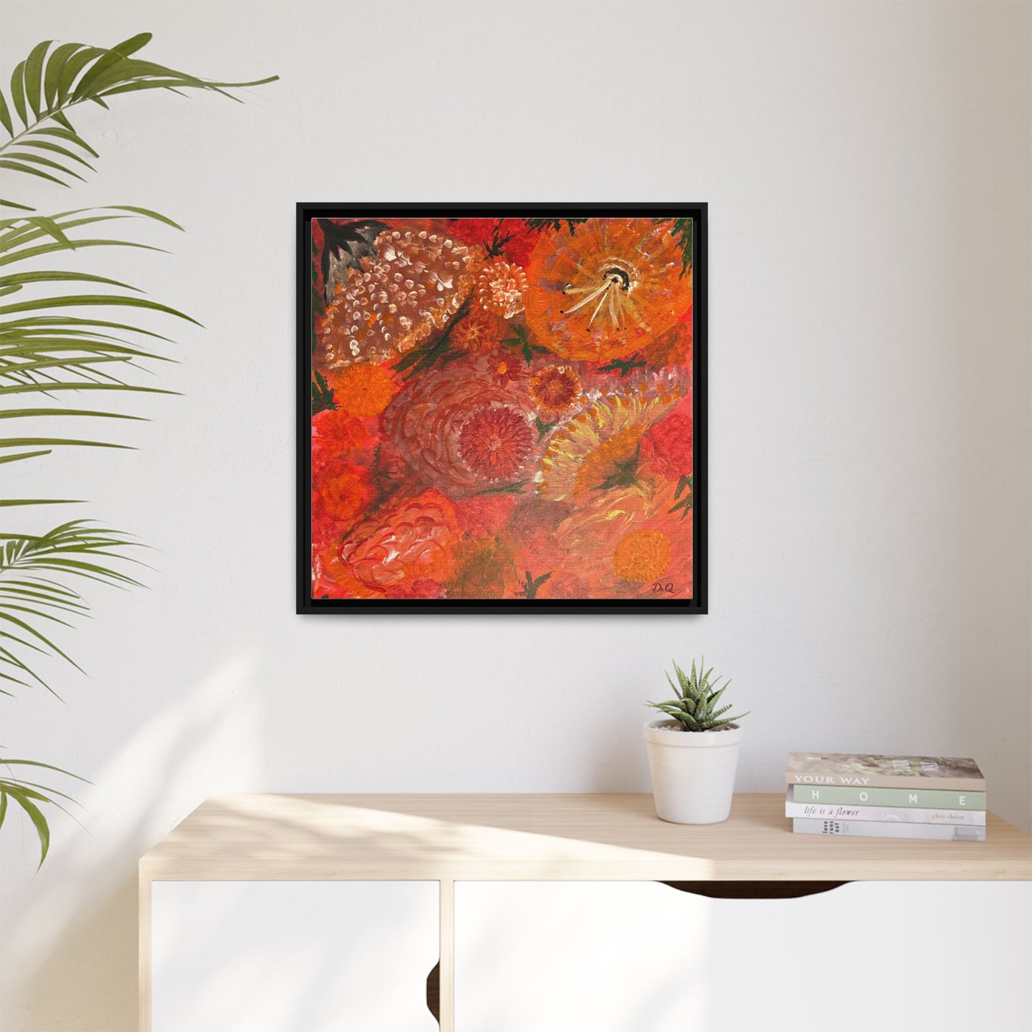 "Floral Burst" Abstract Red Floral Matte Canvas Framed Wall Art