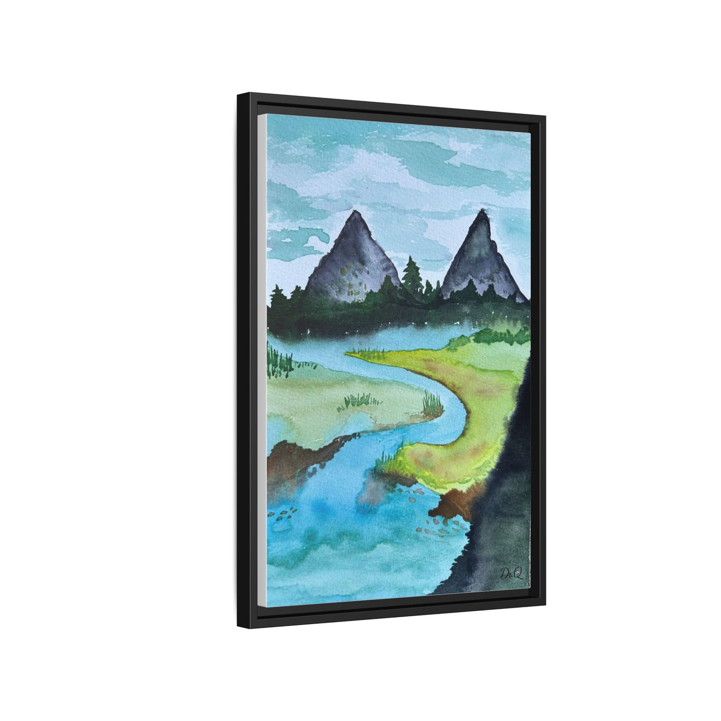 Mountain River Framed Canvas Watercolor Print by Dr. Q