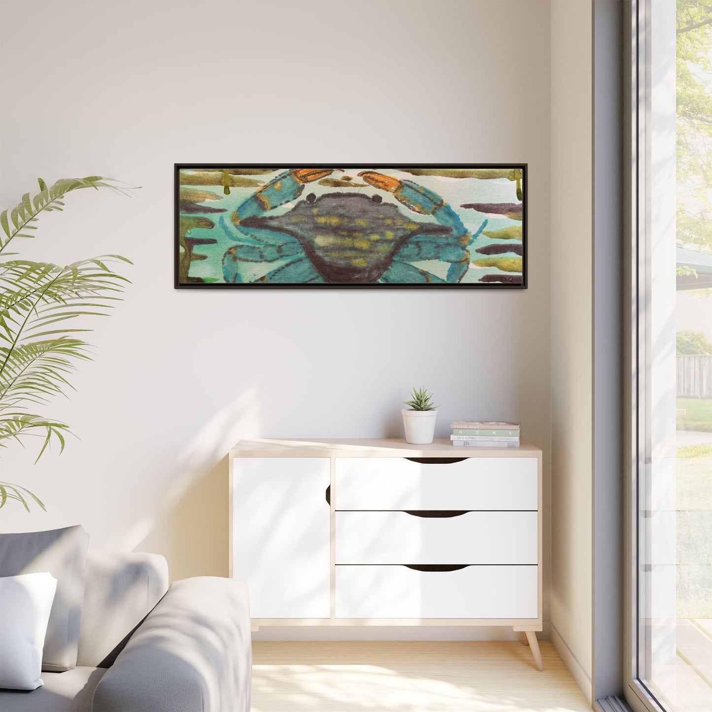 Blue Crab Coastal Art Print — Matte Framed Canvas
