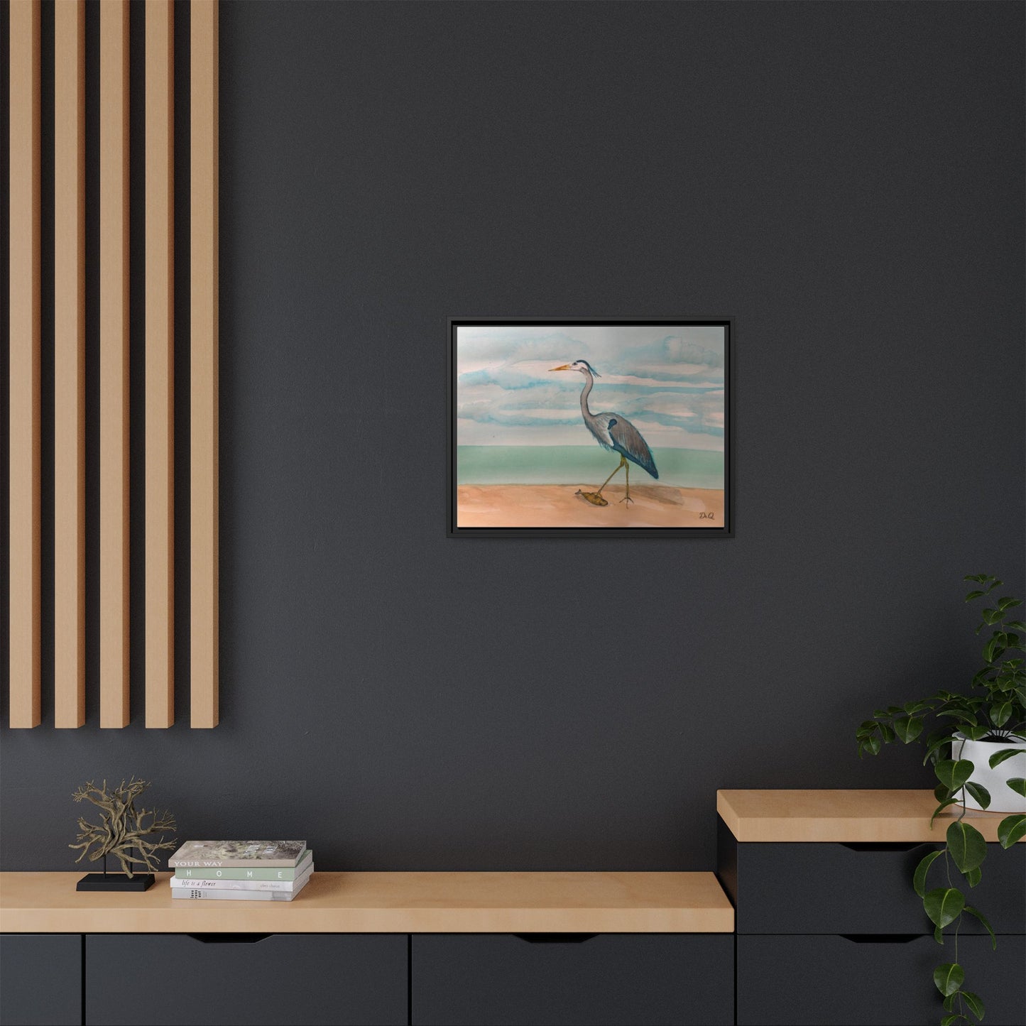 Framed Heron Beach Matte Canvas — Coastal Watercolor Wall Art