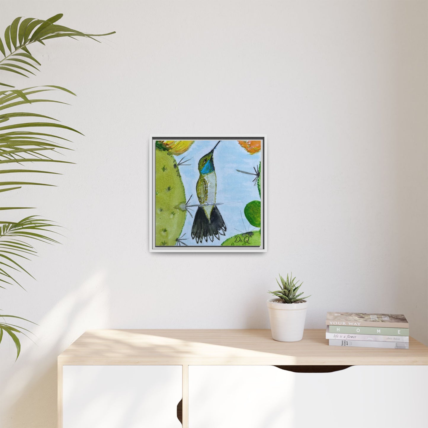 Framed Hummingbird Cactus Watercolor Print on Canvas by Dr. Q — Floral Desert Wall Art