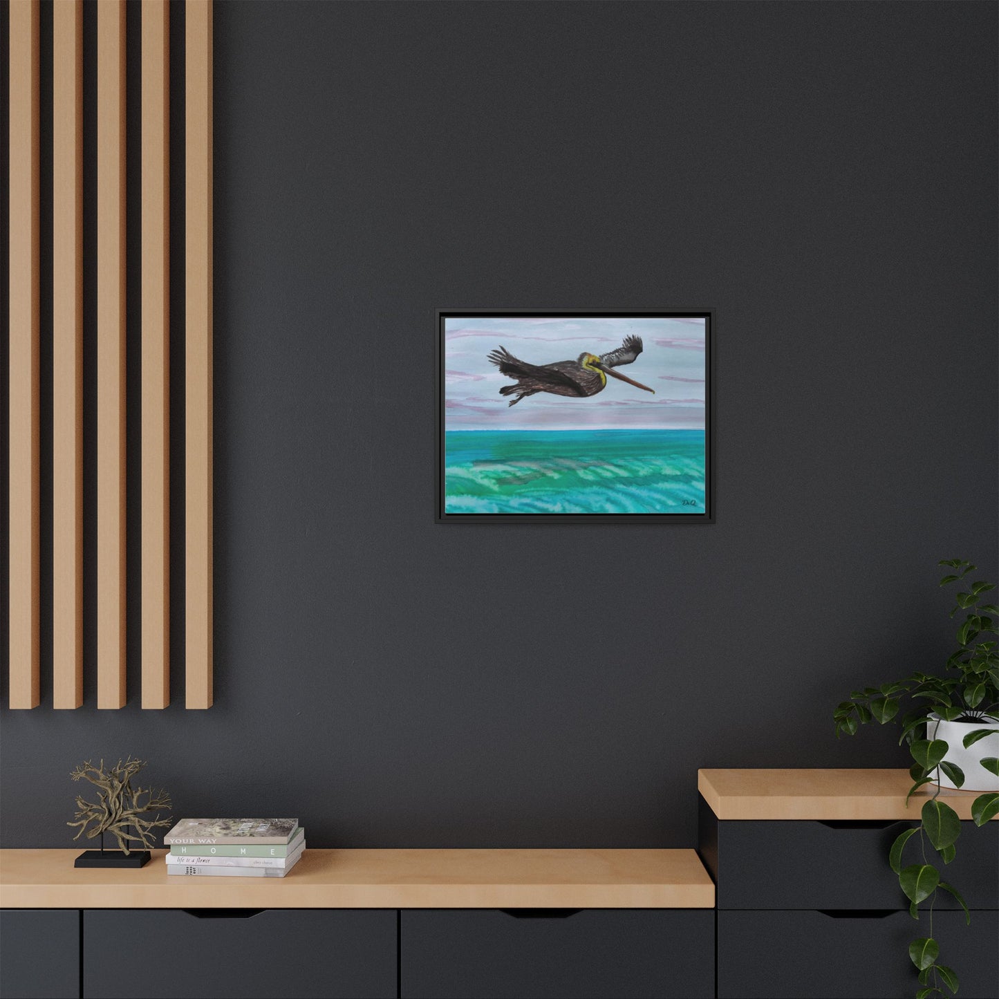 Brown Pelican Over Ocean Matte Framed Canvas Art