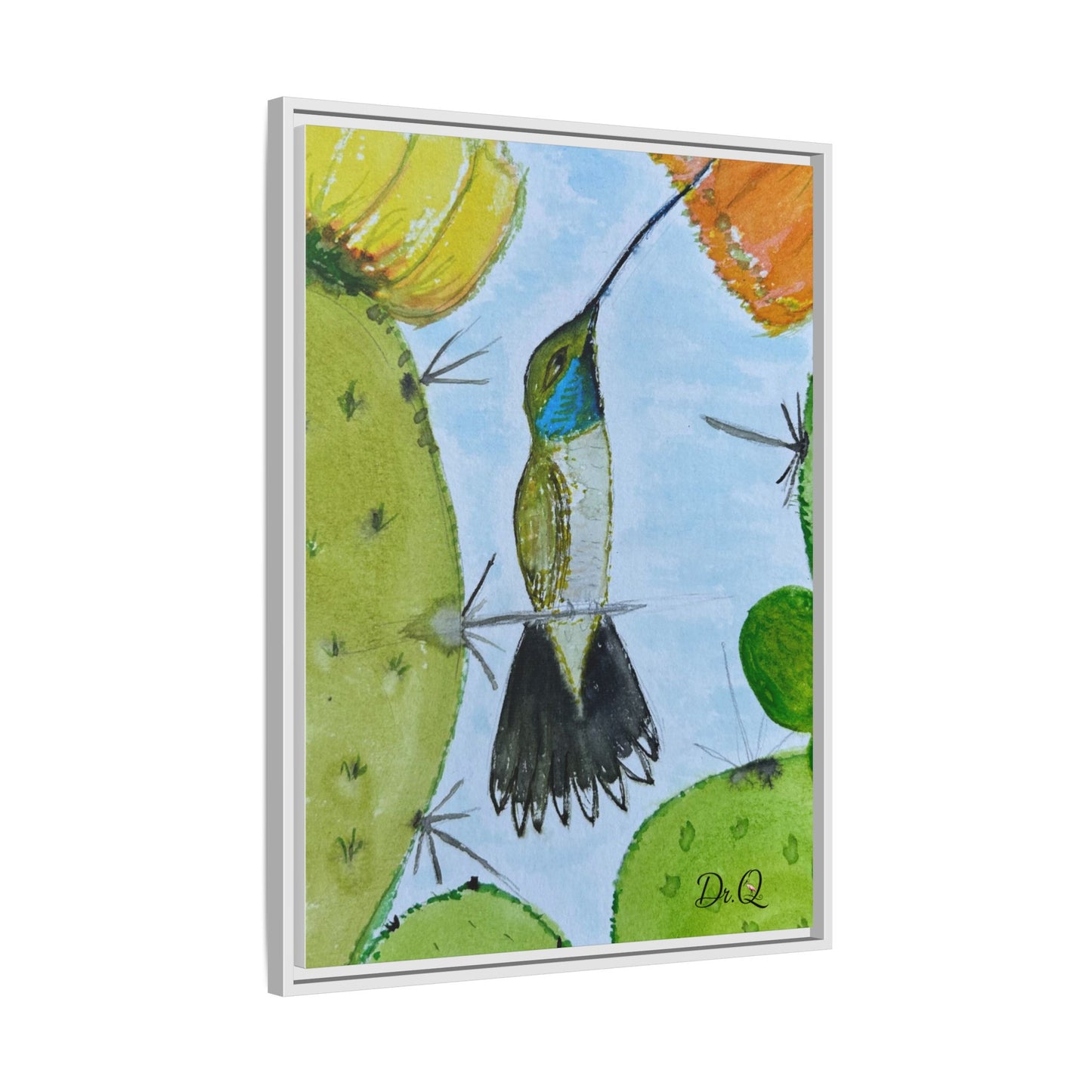 Framed Hummingbird Cactus Watercolor Print on Canvas by Dr. Q — Floral Desert Wall Art
