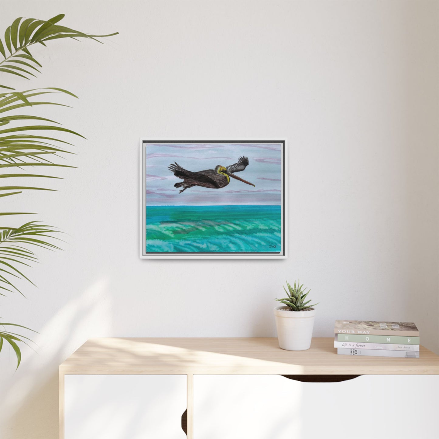 Brown Pelican Over Ocean Matte Framed Canvas Art