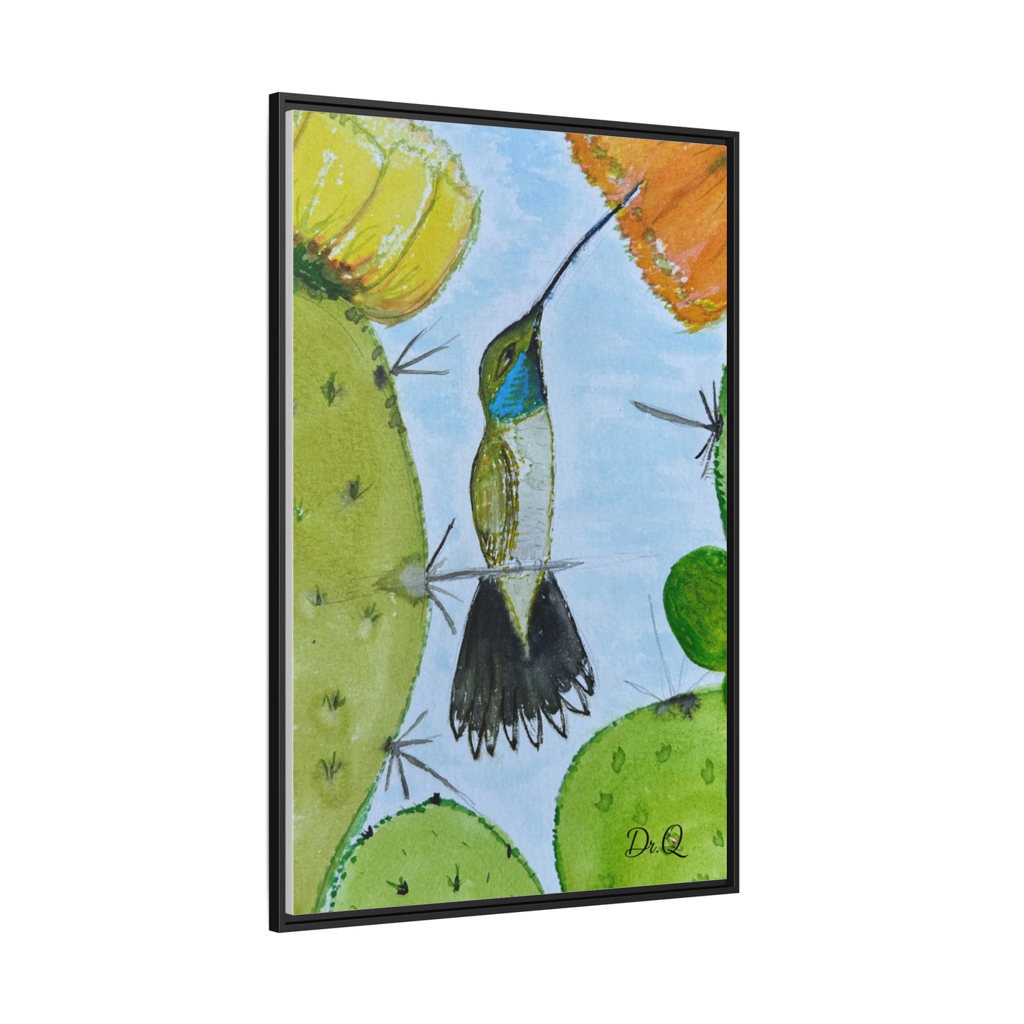 Framed Hummingbird Cactus Watercolor Print on Canvas by Dr. Q — Floral Desert Wall Art