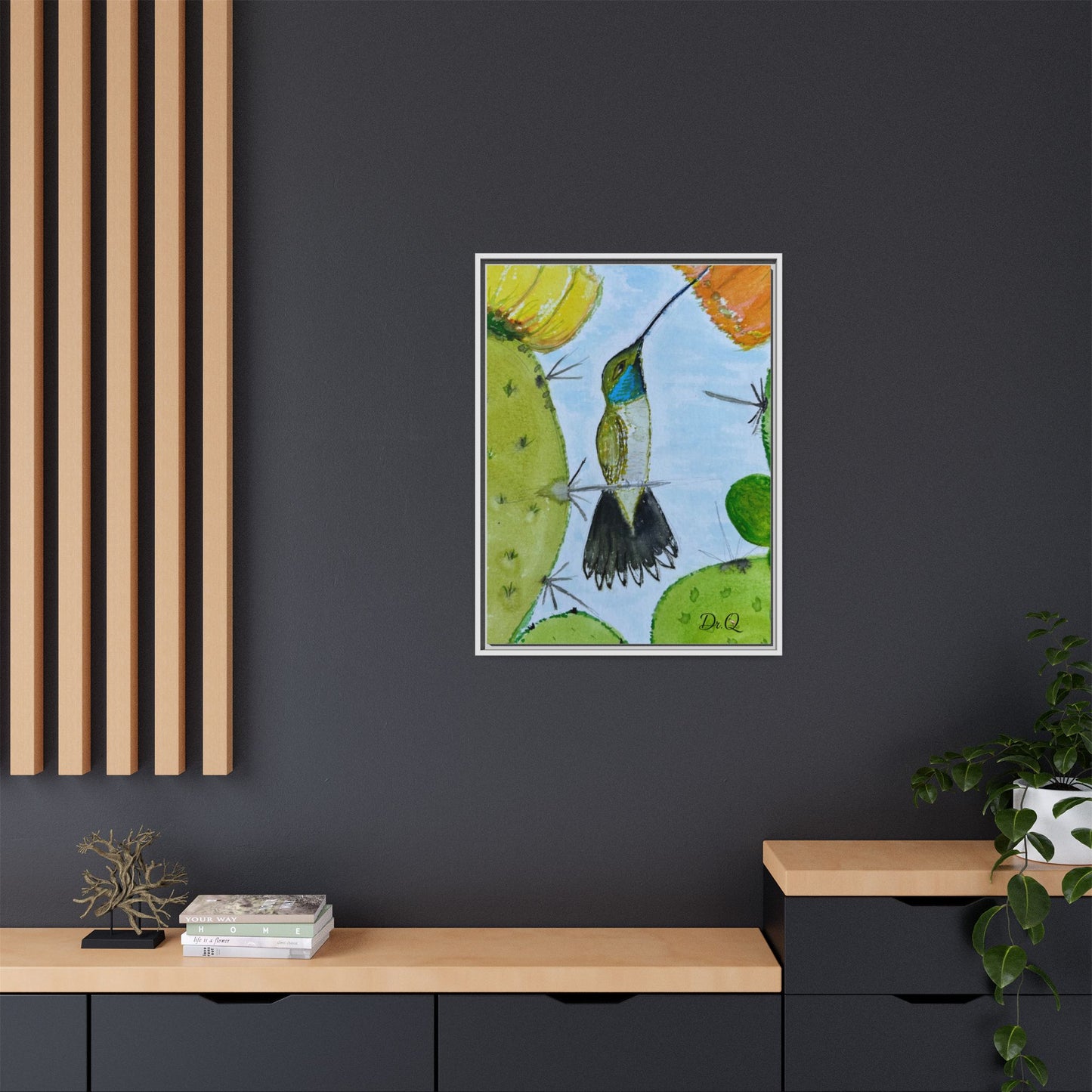 Framed Hummingbird Cactus Watercolor Print on Canvas by Dr. Q — Floral Desert Wall Art