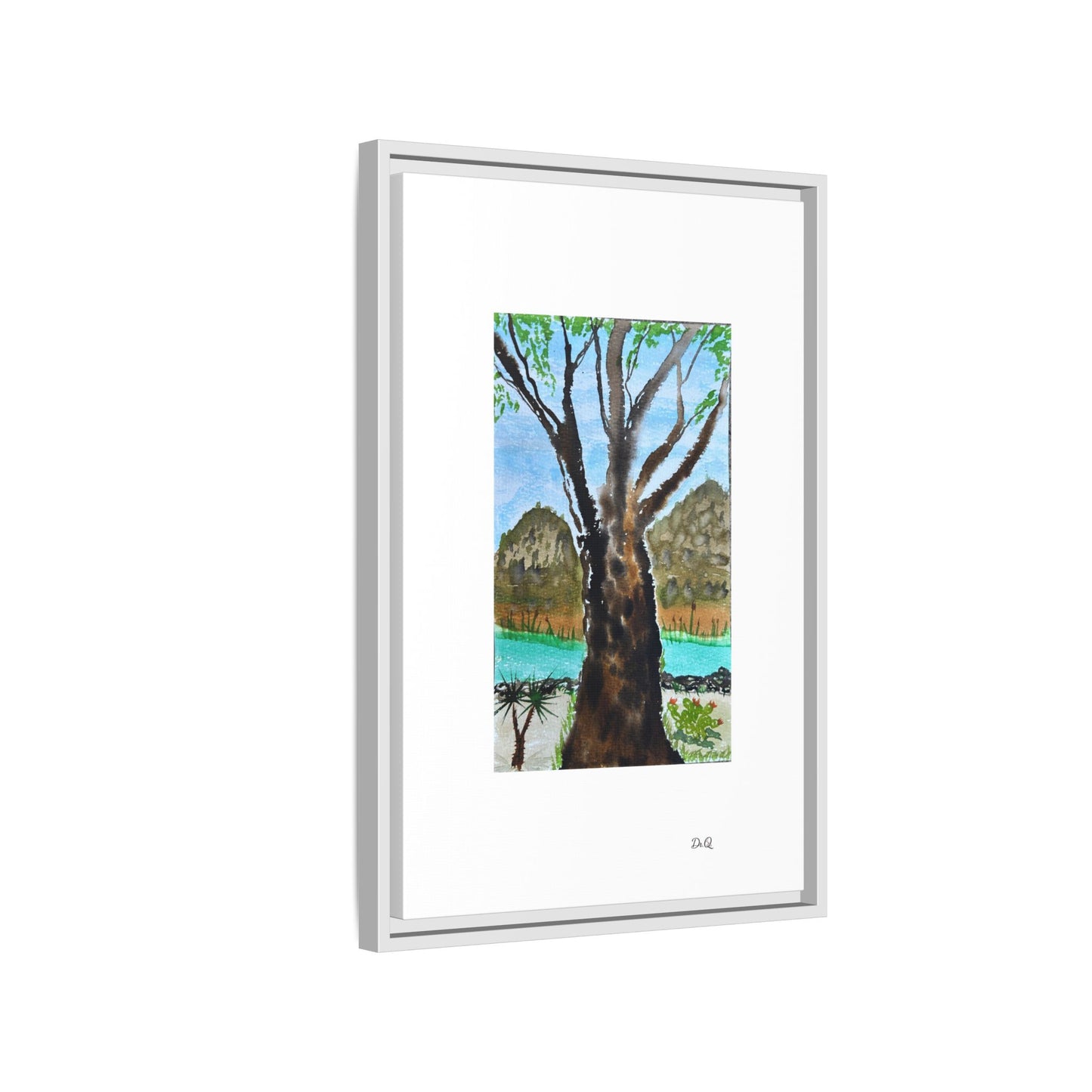 Tranquil Lakeside Tree Watercolor - Framed Matte Canvas Print by Dr. Q