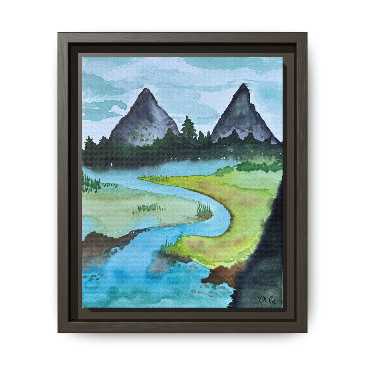 Mountain River Framed Canvas Watercolor Print by Dr. Q