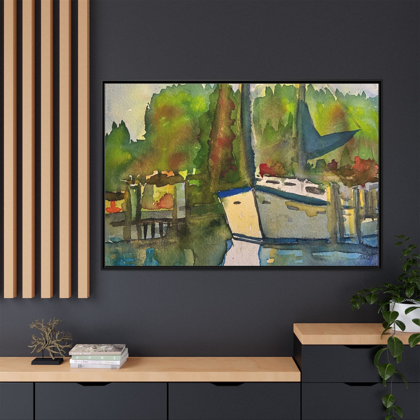 Sailboat Harbor Watercolor — Framed Matte Canvas Wall Art
