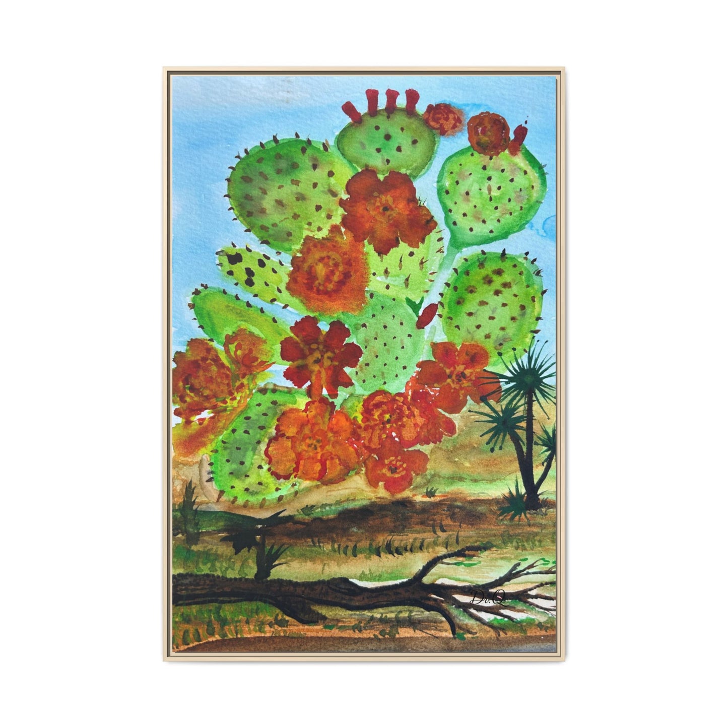 Prickly Pear Cactus Framed Canvas Print — Vertical Botanical Wall Art