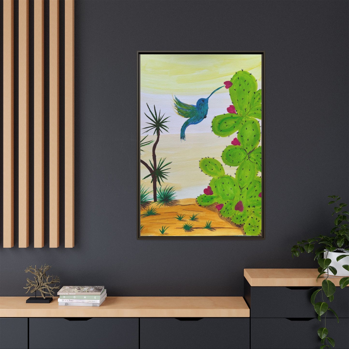 Tropical Cactus & Hummingbird Wall Art - Framed Matte Canvas